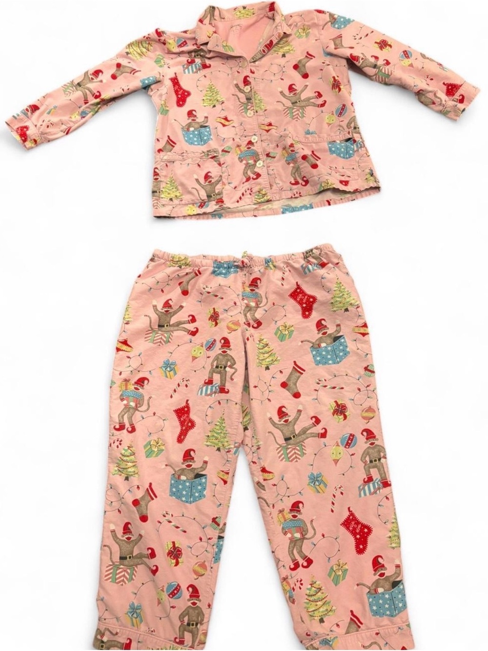 Nick & Nora Pink Holiday Monkey Pajama Set with Festive Prints